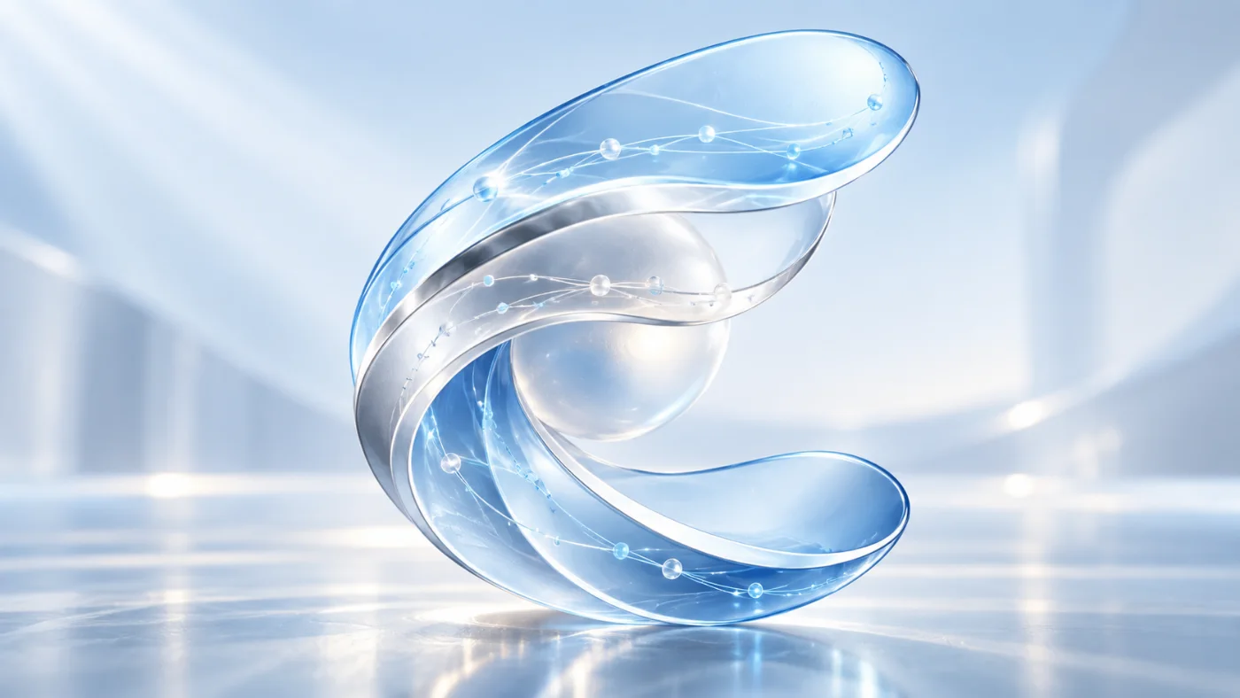 The CURAELLE Continuum — a translucent glass structure carrying light along controlled paths.
